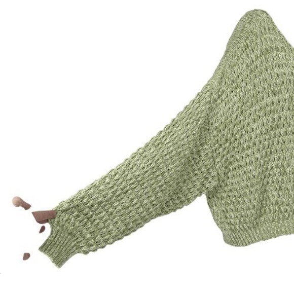 Free People Coconut Open Knit V-Neck Chunky Crochet Sweater Kiwi Cream Size L - Picture 3 of 10